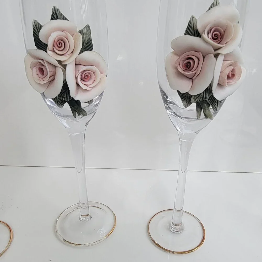 Vintage Champagne Flutes Glasses with Applied Flower Wedding